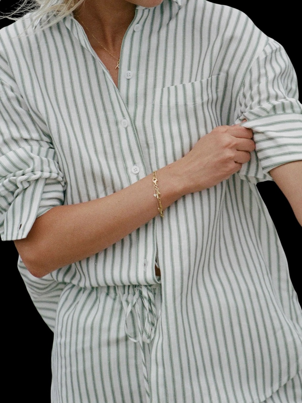 Few Moda Tisbury Button Up Linen Sage Stripe Green White NWT